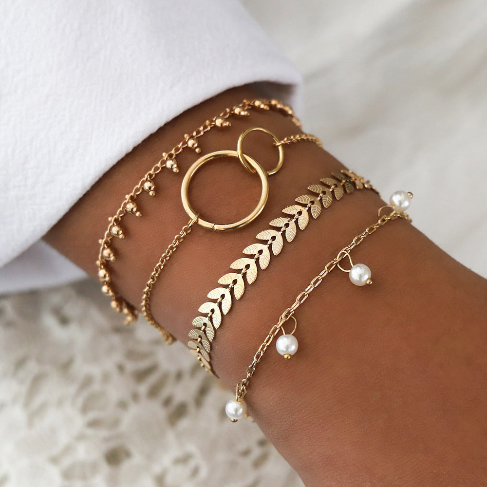 Simple Geometric Circle Wheat Ear Pearl Pendant 4-piece Set Bracelet