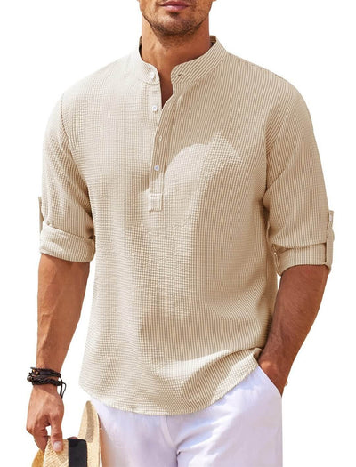 Men's Casual Shirt Long Sleeve Stand Collar Solid Color Shirt for Men's