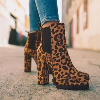 Round-toe Ankle Boots Solid Leopard Print Thick Square High Heel Shoes Ladies Casual