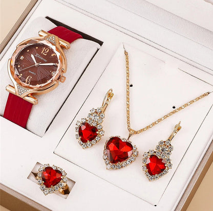 6pcs Set Ladies New Belt Quartz Watch Diamond Jewelry Suit