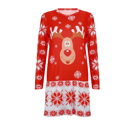 Christmas Print Round Neck Long Sleeve Dress