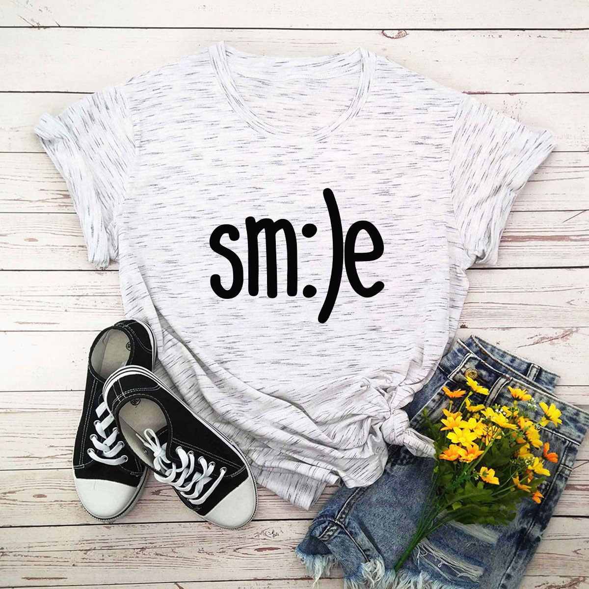 T-shirt Women New Smile Letter Printed Shirt O Neck Short Sleeve Tees Summer Top 100%cotton Women's T-shirts