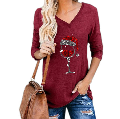 Christmas Wine Glass Print Plus Size Women Clothing