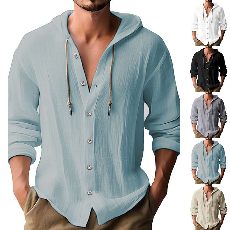 Cotton And Linen Shirt Hooded Sweater Button Long Sleeve