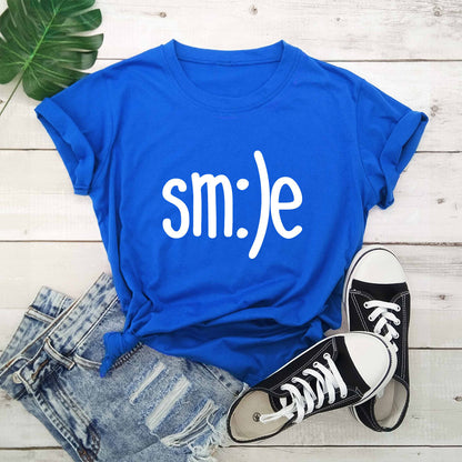 T-shirt Women New Smile Letter Printed Shirt O Neck Short Sleeve Tees Summer Top 100%cotton Women's T-shirts