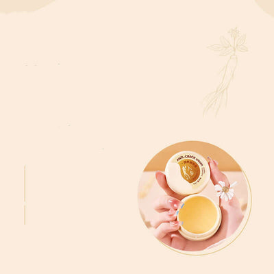 Hands applying Care Moisturizing Skin Repair Cream from a circular container on a pastel yellow background with delicate floral illustration.