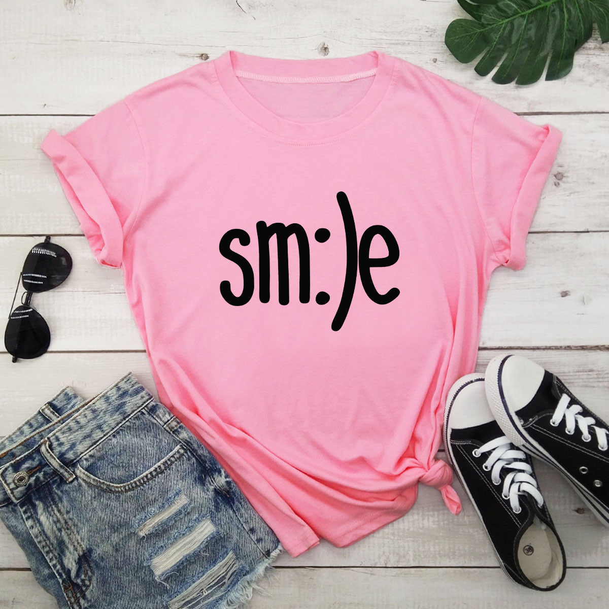 T-shirt Women New Smile Letter Printed Shirt O Neck Short Sleeve Tees Summer Top 100%cotton Women's T-shirts