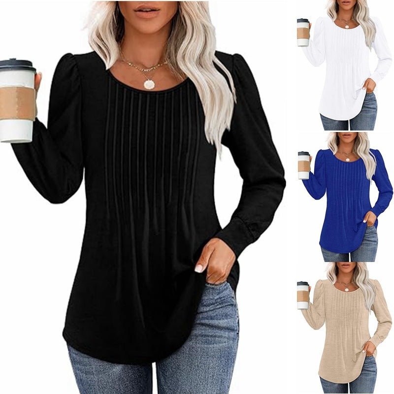 Women's Bubble Sleeve Waist Pleated Round Neck Long Sleeve T-shirt