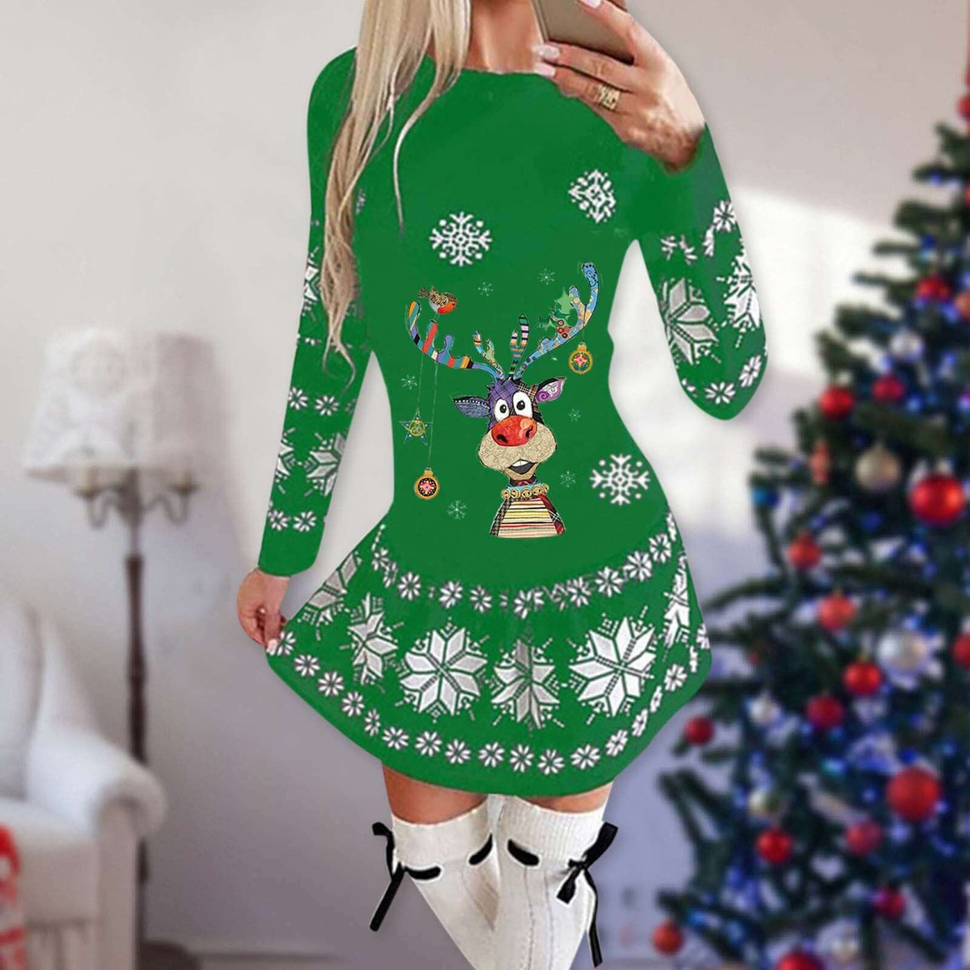 Christmas Print Round Neck Long Sleeve Dress