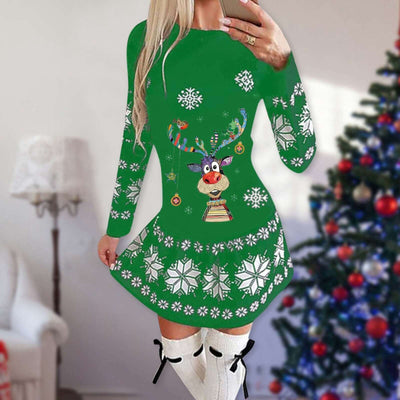 Christmas Print Round Neck Long Sleeve Dress