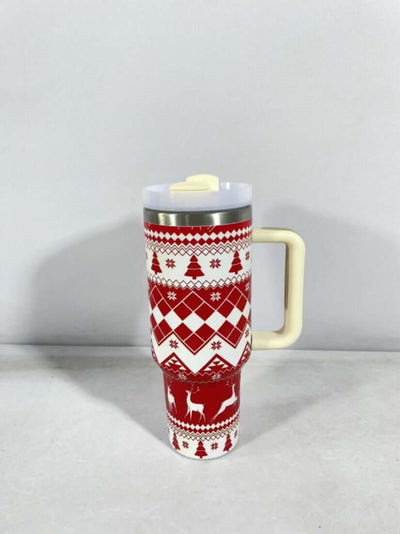 New Christmas Pattern Mug With Handle Lid Straw Drinkware Stainless Steel Vacuum Tumbler Large Capacity