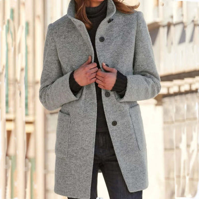 Fashion Stand Collar Woolen Coat With Pockets Fall Winter Casual Button Outwear For Women