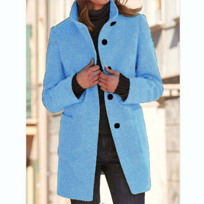 Fashion Stand Collar Woolen Coat With Pockets Fall Winter Casual Button Outwear For Women