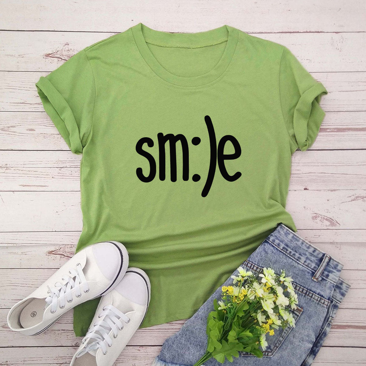 T-shirt Women New Smile Letter Printed Shirt O Neck Short Sleeve Tees Summer Top 100%cotton Women's T-shirts