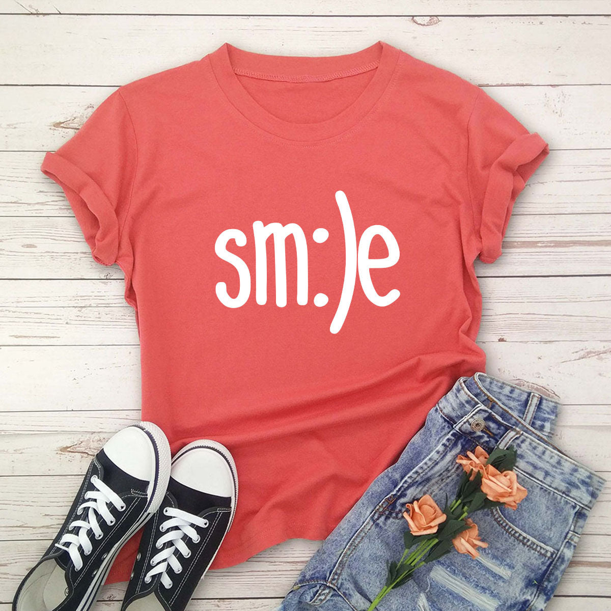 T-shirt Women New Smile Letter Printed Shirt O Neck Short Sleeve Tees Summer Top 100%cotton Women's T-shirts