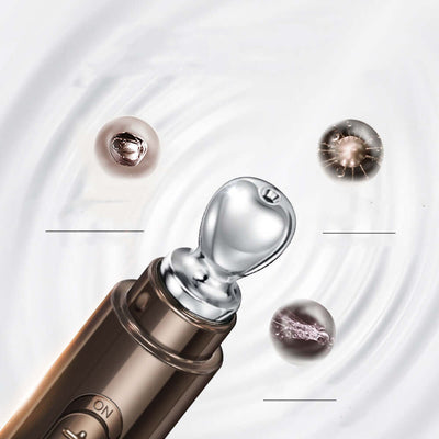 Close-up view of Golden Caviar Eye Cream applicator with droplets of product, highlighting gold and caviar extracts for skin firming and brightening.