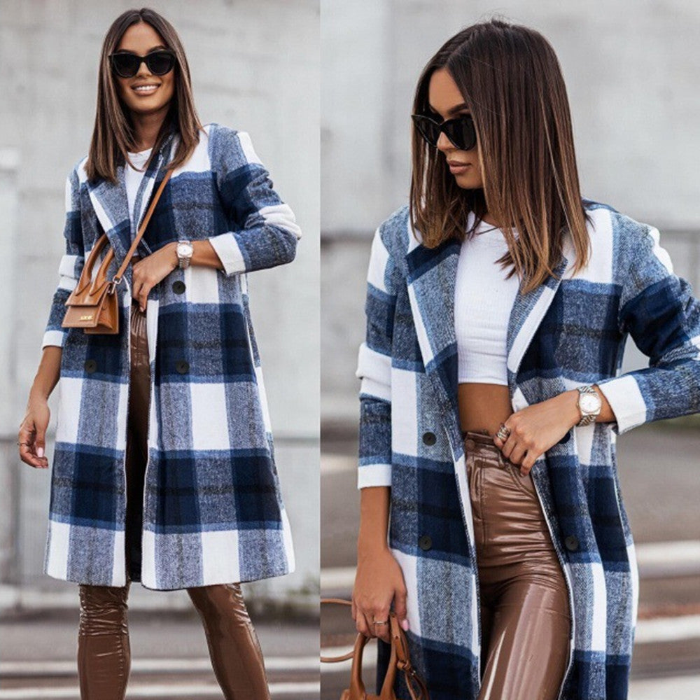 Fashion Women's Mid-length Plaid Print Coat