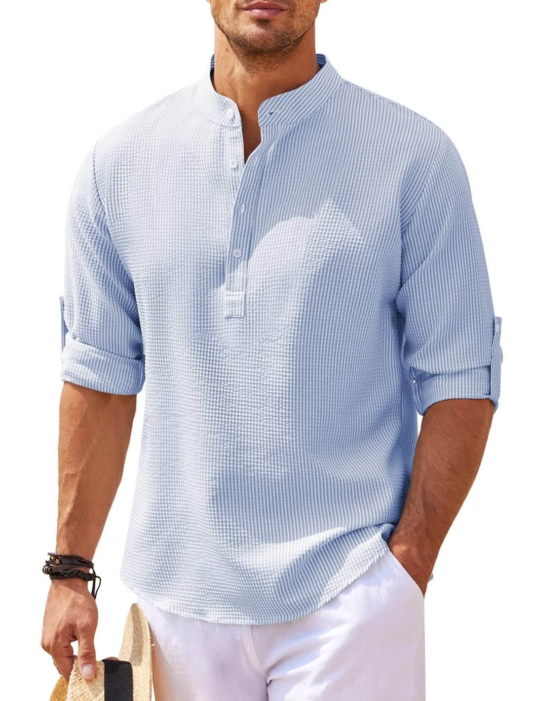 Men's Casual Shirt Long Sleeve Stand Collar Solid Color Shirt for Men's