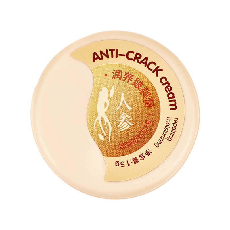 Top view of a jar of Anti-Crack Cream featuring ginseng for skin repair, moisturization, and softening, with label in English and Chinese.