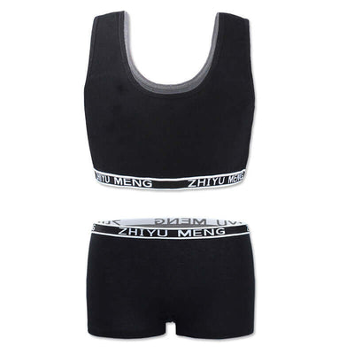 Black cotton underwear set for children aged 7-14, featuring vest style top and shorts with white logo band.