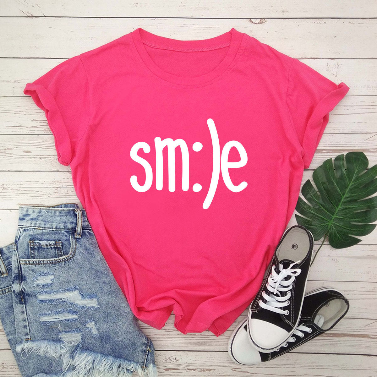 T-shirt Women New Smile Letter Printed Shirt O Neck Short Sleeve Tees Summer Top 100%cotton Women's T-shirts