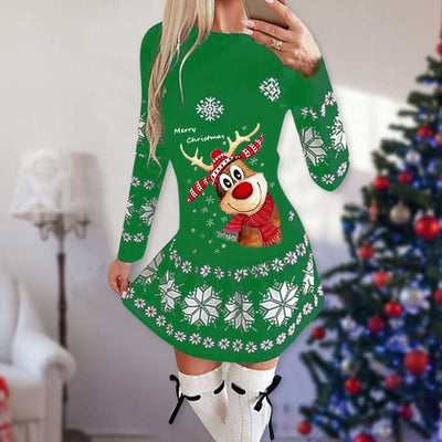 Christmas Print Round Neck Long Sleeve Dress