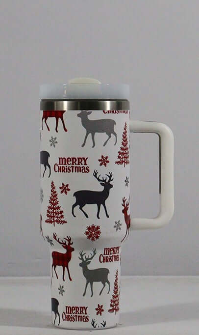 New Christmas Pattern Mug With Handle Lid Straw Drinkware Stainless Steel Vacuum Tumbler Large Capacity