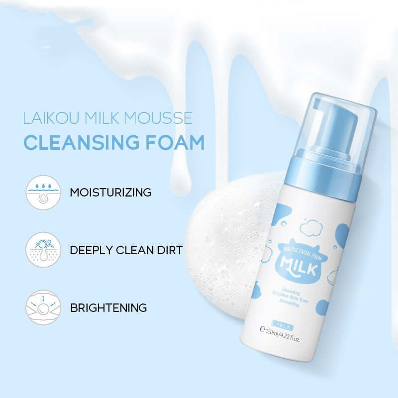 Laikou milk mousse cleansing foam bottle with moisturizing, deep cleaning, and brightening benefits displayed alongside creamy texture graphic.