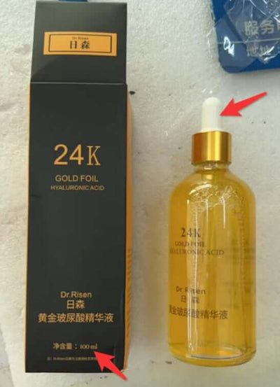 24K gold foil hyaluronic acid skin care product with packaging, highlighted net content label and dropper bottle design.