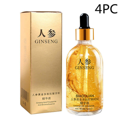 Ginseng firming and lifting skin care essence in a clear bottle with gold liquid and packaging, highlighting anti-wrinkle properties.