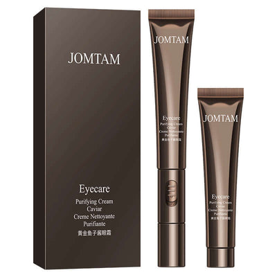 JOMTAM Eye Care Purifying Cream and Caviar Nutritive Cream packaging, featuring a sleek brown tube and matching box with product details.