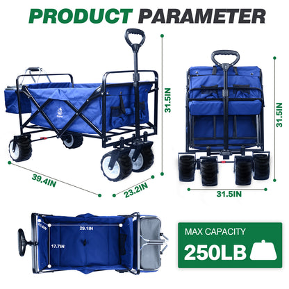 Wagon Foldable Cart With Wheels, Cooler Bag, Cup Holders,Cargo Net,Shopping, Garden,SportsBlue