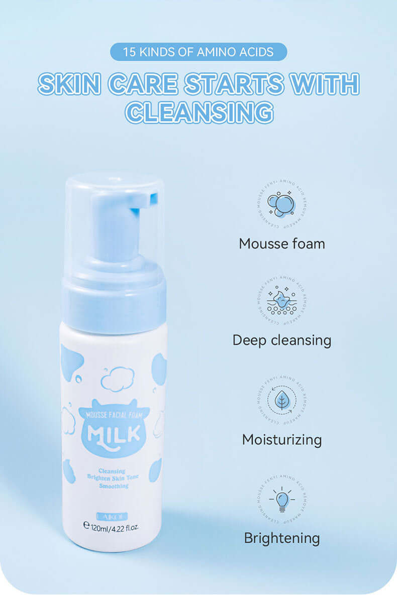 Skin care mousse foam cleanser bottle, emphasizing deep cleansing, moisturizing, and brightening benefits, set against a soft blue background.