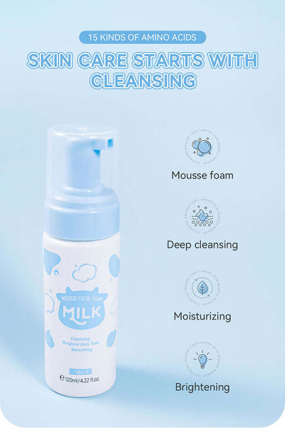 Skin care mousse foam cleanser bottle, emphasizing deep cleansing, moisturizing, and brightening benefits, set against a soft blue background.