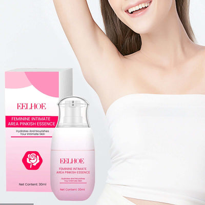 Woman smiling using Eelhoe Feminine Intimate Area Pinkish Essence, 30ml bottle and packaging visible