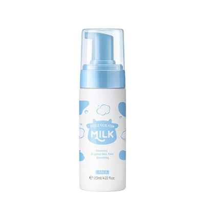 120ml pore cleaning skin care product in a blue and white dispenser labeled "Milk" with cloud motifs.