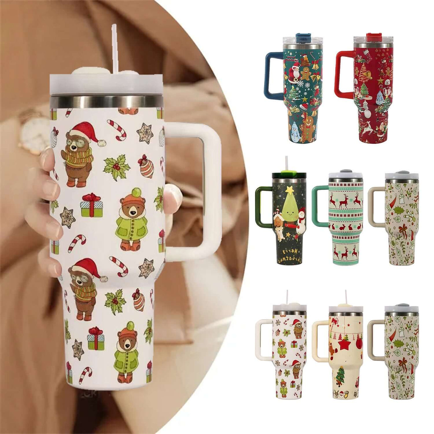 New Christmas Pattern Mug With Handle Lid Straw Drinkware Stainless Steel Vacuum Tumbler Large Capacity