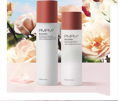 PMPM Bulgaria rose tea lotion bottles for skin moisturizing, set against a background of roses and flowers, designed for dry and sensitive skin.