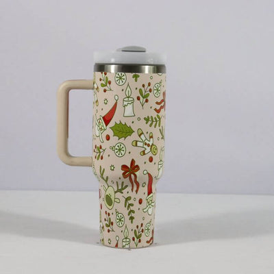 New Christmas Pattern Mug With Handle Lid Straw Drinkware Stainless Steel Vacuum Tumbler Large Capacity