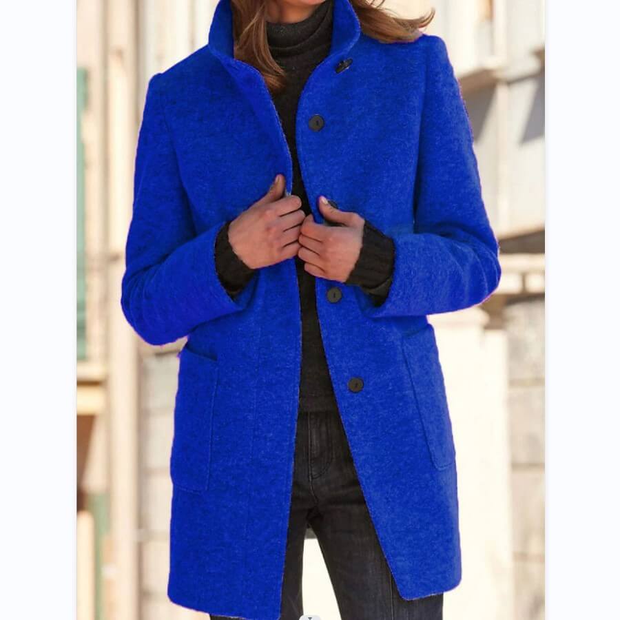 Fashion Stand Collar Woolen Coat With Pockets Fall Winter Casual Button Outwear For Women