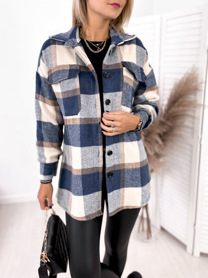 Long-sleeved Single-breasted Plaid Print Shirt Collar Woolen Jacket