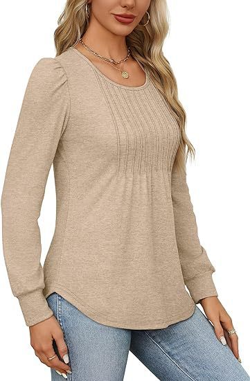 Women's Bubble Sleeve Waist Pleated Round Neck Long Sleeve T-shirt