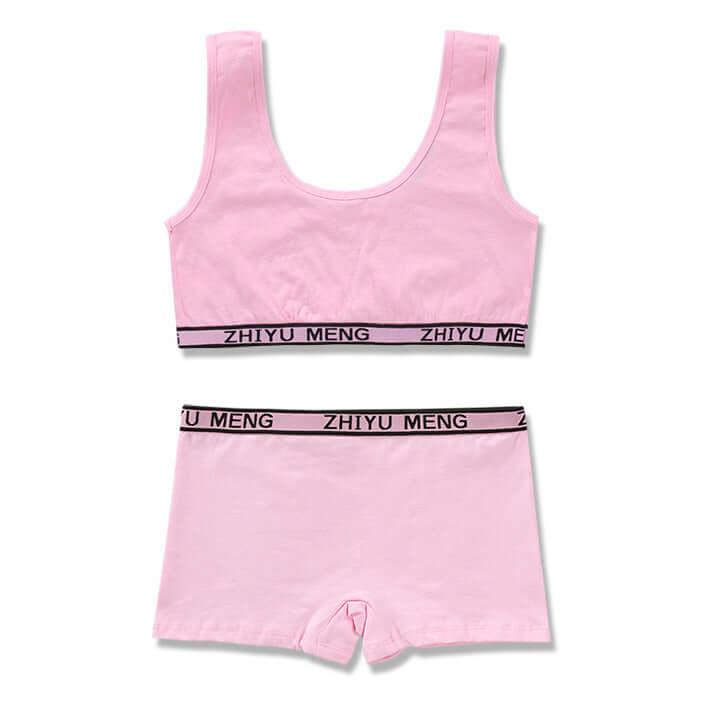 Pink cotton underwear set for children, featuring a vest-style top and matching shorts with branded elastic bands.