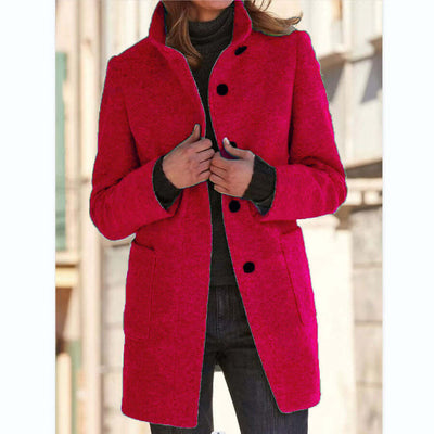 Fashion Stand Collar Woolen Coat With Pockets Fall Winter Casual Button Outwear For Women