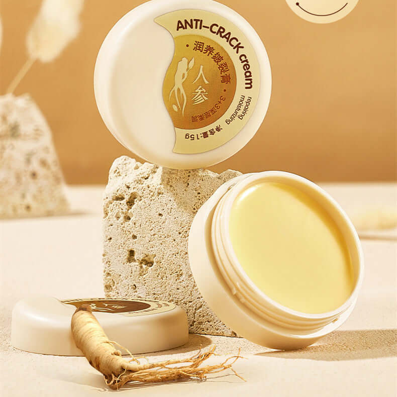 Open jar of Anti-Crack Cream with ginseng root, showcasing the creamy texture and designed for skin repair and moisturization.