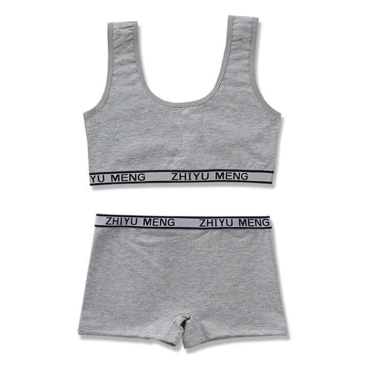 Gray cotton underwear set for children aged 7-14 featuring vest style top and matching shorts, breathable and comfortable fabric