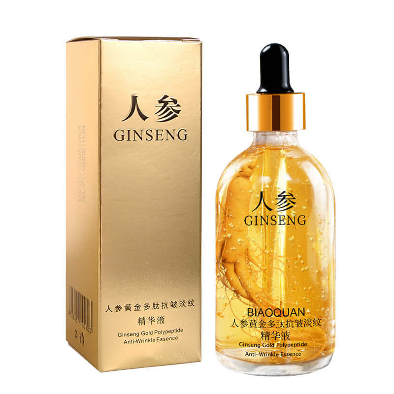 Ginseng firming and lifting skin care serum in a transparent bottle with gold liquid and box packaging