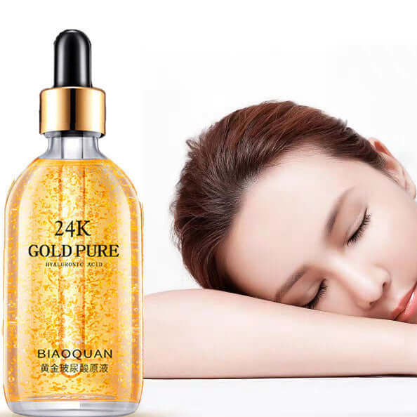 24K gold liquid skin care essence bottle next to a woman with glowing, moisturized skin, highlighting the product's hydrating and firming benefits.