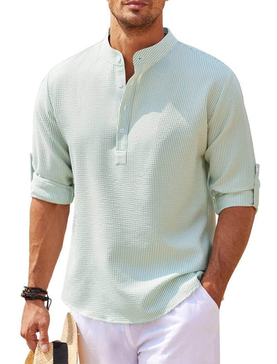 Men's Casual Shirt Long Sleeve Stand Collar Solid Color Shirt for Men's