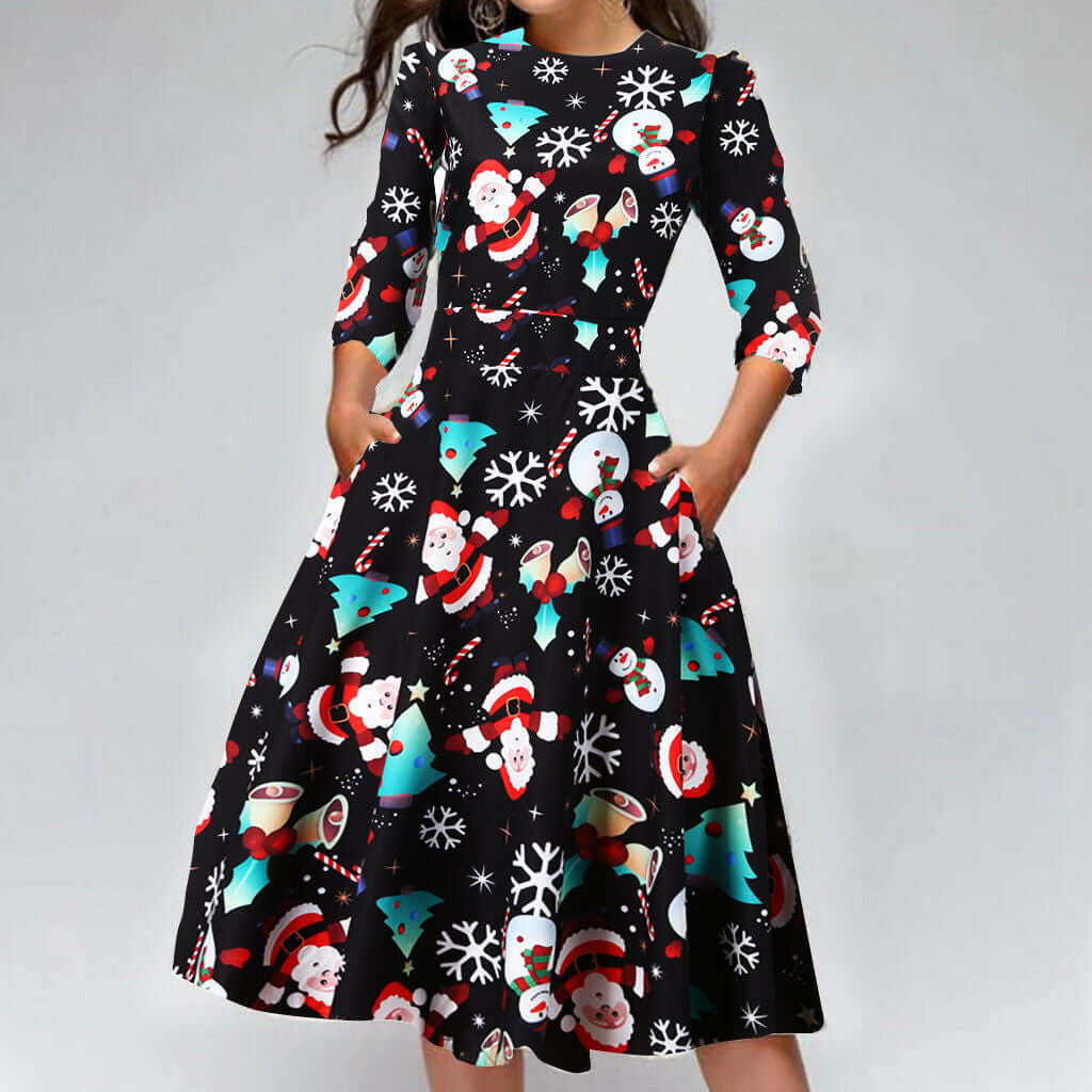 Christmas Print Slim Round Neck Dress